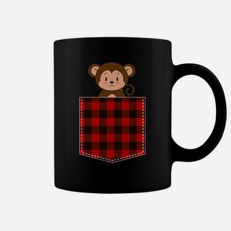 Red Plaid Monkey In Pocket Buffalo Family Pajama Christmas Coffee Mug | Crazezy