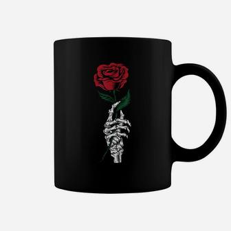 Rose Flower Gift - White Skeleton Hand Holding A Red Rose Coffee Mug | Crazezy