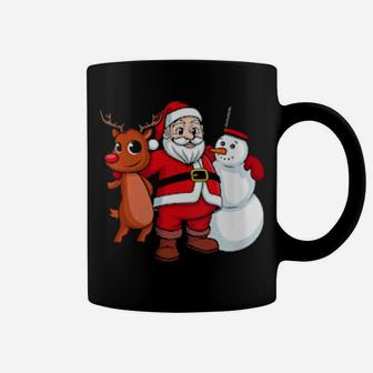 Santa Claus Hugging Snowman And Reindeer Coffee Mug - Monsterry