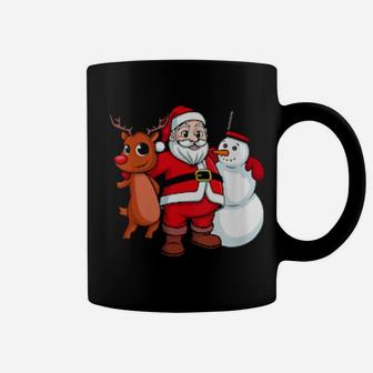 Santa Claus Hugging Snowman And Reindeer Coffee Mug - Monsterry