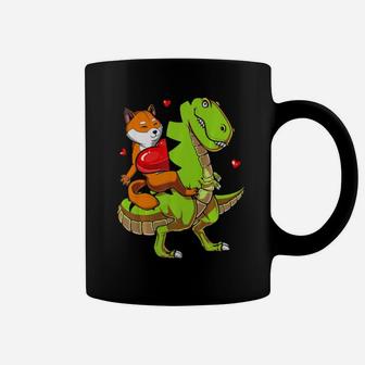 Shiba Inu Dog Riding Trex Dinosaur Valentines Day Coffee Mug - Monsterry AU