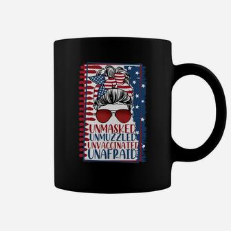 Unmasked Unmuzzled Unvaccinated Unafraid Us Flag Messy Bun Sweatshirt Coffee Mug | Crazezy