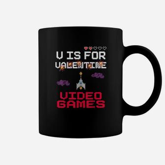 V Is For Video Games Funny Valentines Day Gamer Coffee Mug - Monsterry DE