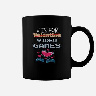 V Is For Video Games Valentines Day Gamer Boy Coffee Mug - Monsterry