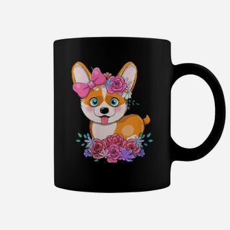 Vintage Cute Corgi Valentines Day Flowers Coffee Mug - Monsterry