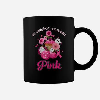 Womens In October We Wear Pink Ghosts And Pumpkin Flower Ribbon Coffee Mug | Crazezy AU