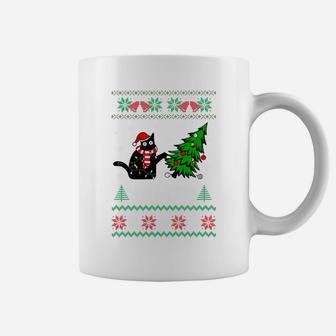 Black Cat Pushing Christmas Tree Over Cat What Ugly Sweater Coffee Mug | Crazezy CA