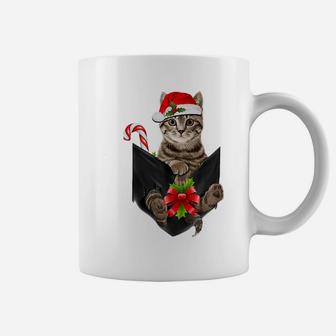 Brown Cat Santa Hat In Pocket - Christmas Cat Lovers Pajama Coffee Mug | Crazezy UK