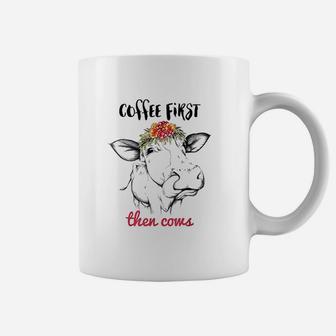 Coffee First Then Cows Funny Heifer Tongue Flowers Coffee Mug - Thegiftio