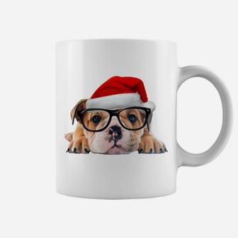 English Bulldog Puppy Glasses Dog Santa Hat Christmas Gift Sweatshirt Coffee Mug | Crazezy