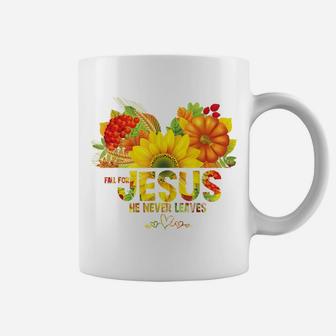 Fall For Jesus He Never Leaves Shirt Fall Pumpkin Flower Coffee Mug | Crazezy CA