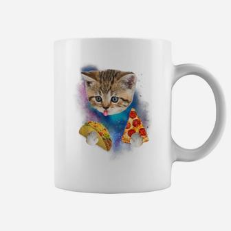 Funny Galaxy Cat Shirt | Space Cat Eat Pizza And Taco Shirt Coffee Mug | Crazezy