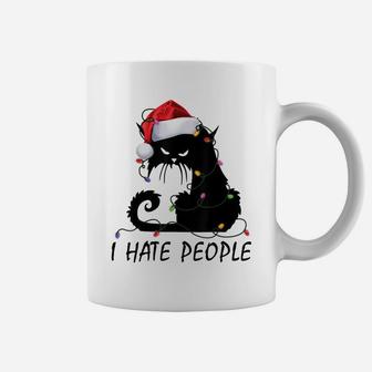 I Hate People Black Cat Santa Hat Christmas Light Xmas Gifts Coffee Mug | Crazezy