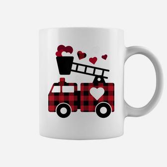 Kids Fire Truck Buffalo Plaid Valentines Day Mom Dad Son Coffee Mug | Crazezy AU