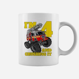 Kids Monster Fire Truck 4Th Shirt Birthday Boy 4 Firefighter Gift Coffee Mug | Crazezy DE