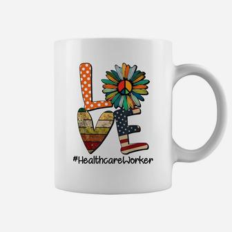 Love Healthcare Worker Daisy Peace Flower American Flag Coffee Mug | Crazezy DE