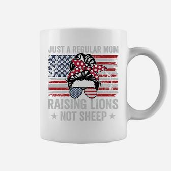 Women Messy Bun Just A Regular Mom Raising Lions - Usa Mama Coffee Mug | Crazezy