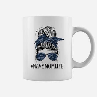 Womens Messy Bun Life Of A Proud Mom Navy Mother's Day Military Mom Raglan Baseball Tee Coffee Mug | Crazezy CA