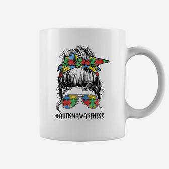 Womens Proud Autism Mom Messy Bun Girl Puzzle Piece Mother's Day Coffee Mug | Crazezy