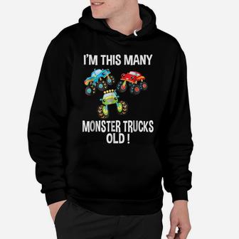 Birthday Shirt For Boys 3 I'm This Many Monster Trucks Old Hoodie | Crazezy UK