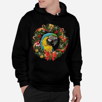 Blue & Gold Macaw Parrot Christmas Wreath Sweatshirt Hoodie | Crazezy