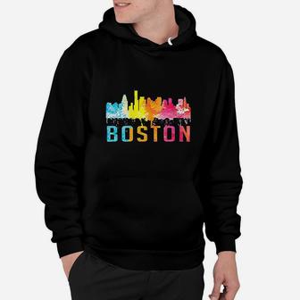Boston Massachusetts Retro Watercolor Skyline Souvenir Hoodie - Thegiftio UK