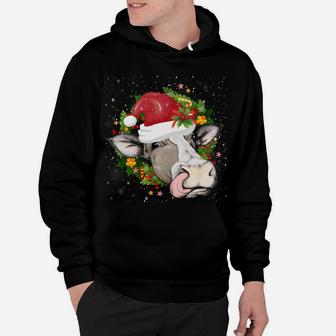 Christmas Cow Head Wreath Cow Wearing Santa Hat Funny Sweatshirt Hoodie | Crazezy