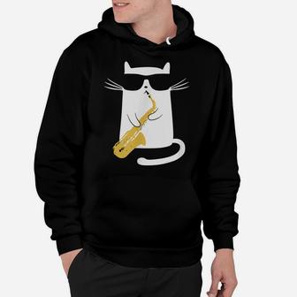 Funny Cat Wearing Sunglasses Playing Saxophone Gift Hoodie | Crazezy UK
