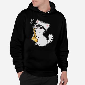Funny Cool Cat Wearing Sunglasses Playing Saxophone Day Gift Hoodie | Crazezy