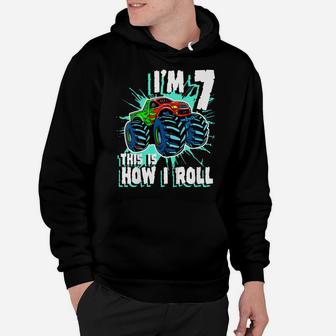 Kids 7 Year Old Boy Monster Truck Birthday Party 7Th Boys Hoodie | Crazezy