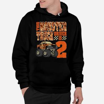 Kids Monster Trucks 2Nd Birthday Party Top 2 Years Old Hoodie | Crazezy