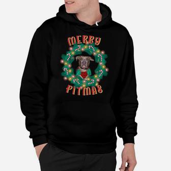 Merry Pitmas Pitbull Dog Christmas Candy Canes Glow Wreath Sweatshirt Hoodie | Crazezy CA