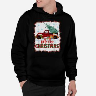 Red Buffalo Plaid Truck Merry Christmas Tree Bleached Print Hoodie | Crazezy