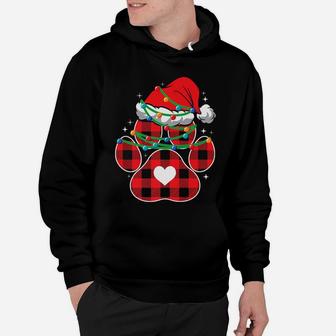 Red Plaid Dog Paw Print Christmas Lights Funny Santa Hat Hoodie | Crazezy