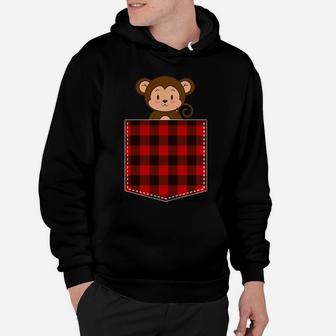 Red Plaid Monkey In Pocket Buffalo Family Pajama Christmas Hoodie | Crazezy