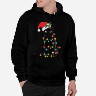 Santa Black Cat Wrapped Up In Christmas Tree Lights Holiday Hoodie | Crazezy