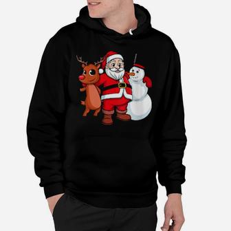 Santa Claus Hugging Snowman And Reindeer Hoodie - Monsterry