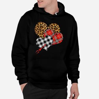 Three Hearts Leopard Buffalo Plaid Valentines Day Hoodie - Monsterry CA