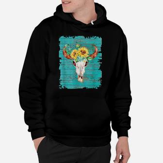 Vintage Sunflower Cow Skull Blue For Cowgirl Country Girl Hoodie | Crazezy CA