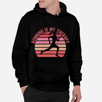 Womens Running Is My Therapy Girl Runner Retro Sunset Funny Hoodie | Crazezy CA