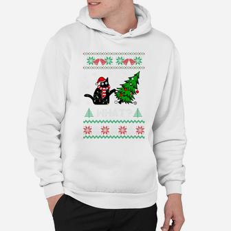 Black Cat Pushing Christmas Tree Over Cat What Ugly Sweater Hoodie | Crazezy UK