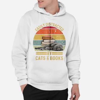 Easily Distracted By Cats And Books Funny Cat And Book Lover Zip Hoodie Hoodie | Crazezy UK