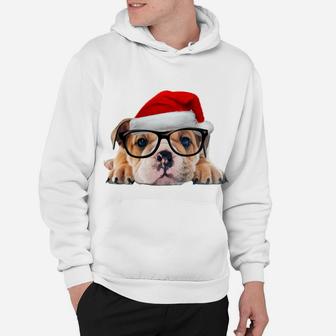 English Bulldog Puppy Glasses Dog Santa Hat Christmas Gift Sweatshirt Hoodie | Crazezy