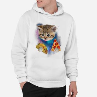 Funny Galaxy Cat Shirt | Space Cat Eat Pizza And Taco Shirt Hoodie | Crazezy