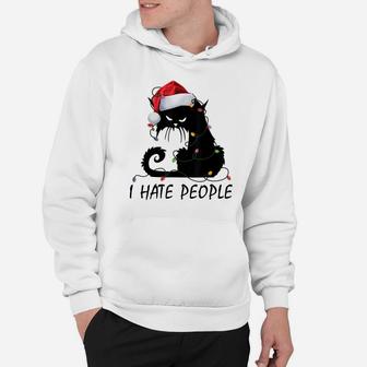 I Hate People Black Cat Santa Hat Christmas Light Xmas Gifts Hoodie | Crazezy