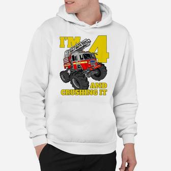 Kids Monster Fire Truck 4Th Shirt Birthday Boy 4 Firefighter Gift Hoodie | Crazezy AU