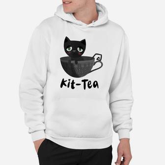 Kit-Tea Kitty Lovers Funny Black Cat Dark Grey Teacup Cute Hoodie | Crazezy