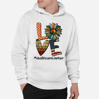 Love Healthcare Worker Daisy Peace Flower American Flag Hoodie | Crazezy
