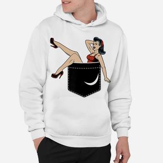 Pin Up Girl In Pocket Funny Vintage Retro Illustration Gifts Hoodie | Crazezy UK