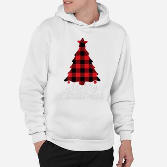 Red Buffalo Check Plaid Merry Christmas Tree Holiday Gift Hoodie | Crazezy